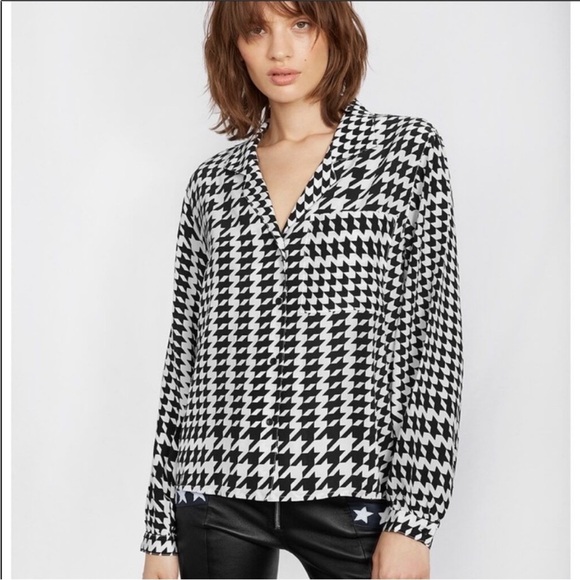 Anine Bing Lilah Houndstooth Silk Shirt In Black & White Sz S - Picture 1 of 8